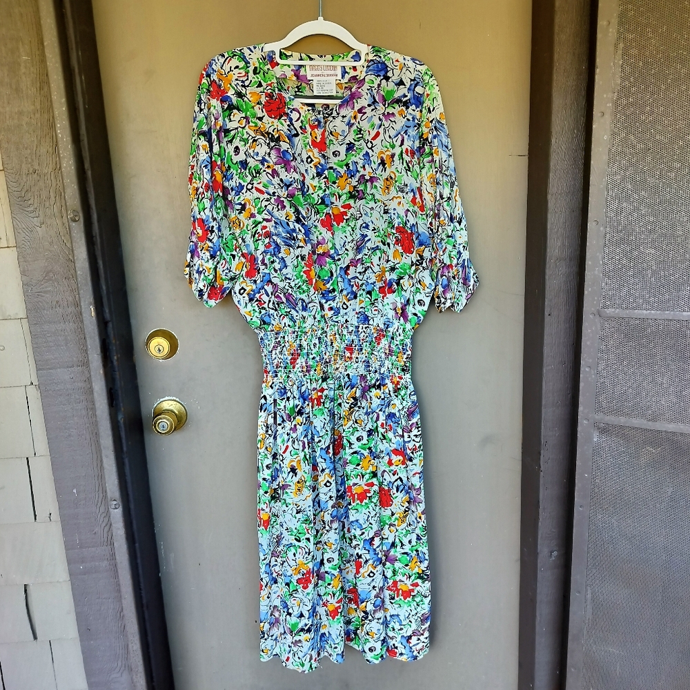 Vintage Maggy London 100% Silk Floral Multicolor Shirt Dress Ruched Waist Sz 6‎